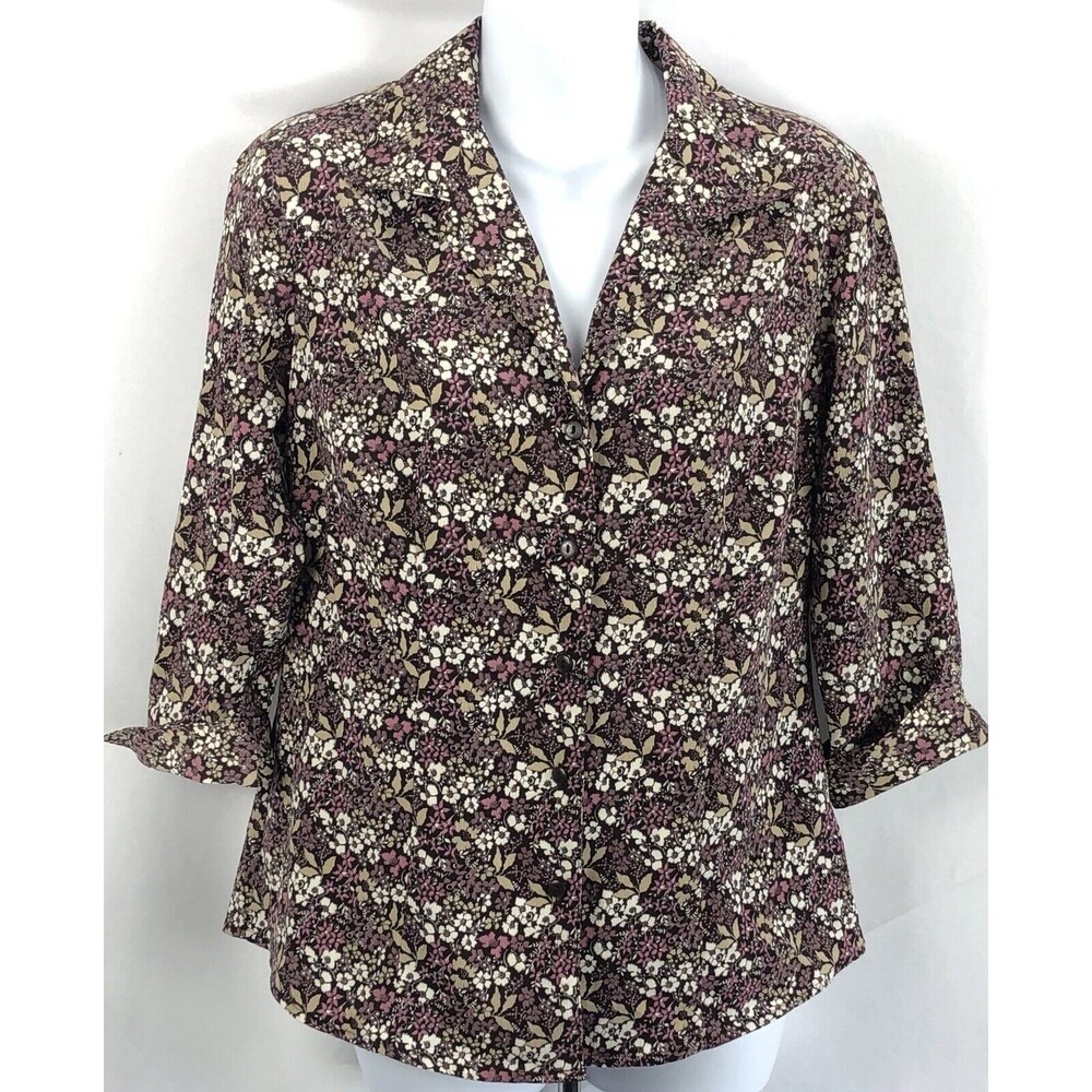 Covington buttonup Top S purple brown floral 3/4 sleeve Cuffed Cottage Boho